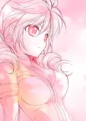 feldt grace, gundam, gundam 00, artist request, lowres, 00s, 1girl, bodysuit, breasts, cleavage, closed mouth, drill hair, female focus, long hair, medium breasts, monochrome, pink eyes, pink hair, solo, twin drills, twintails, upper body