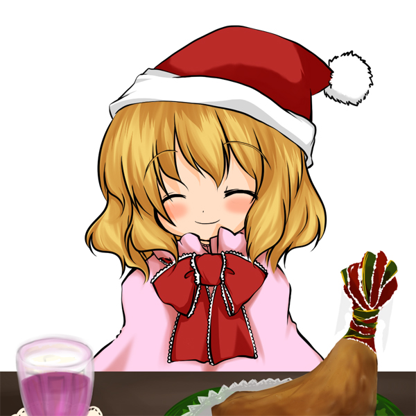 futami yayoi, alice margatroid, touhou, 1girl, blonde hair, christmas, female focus, hat, santa costume, santa hat, smile, solo