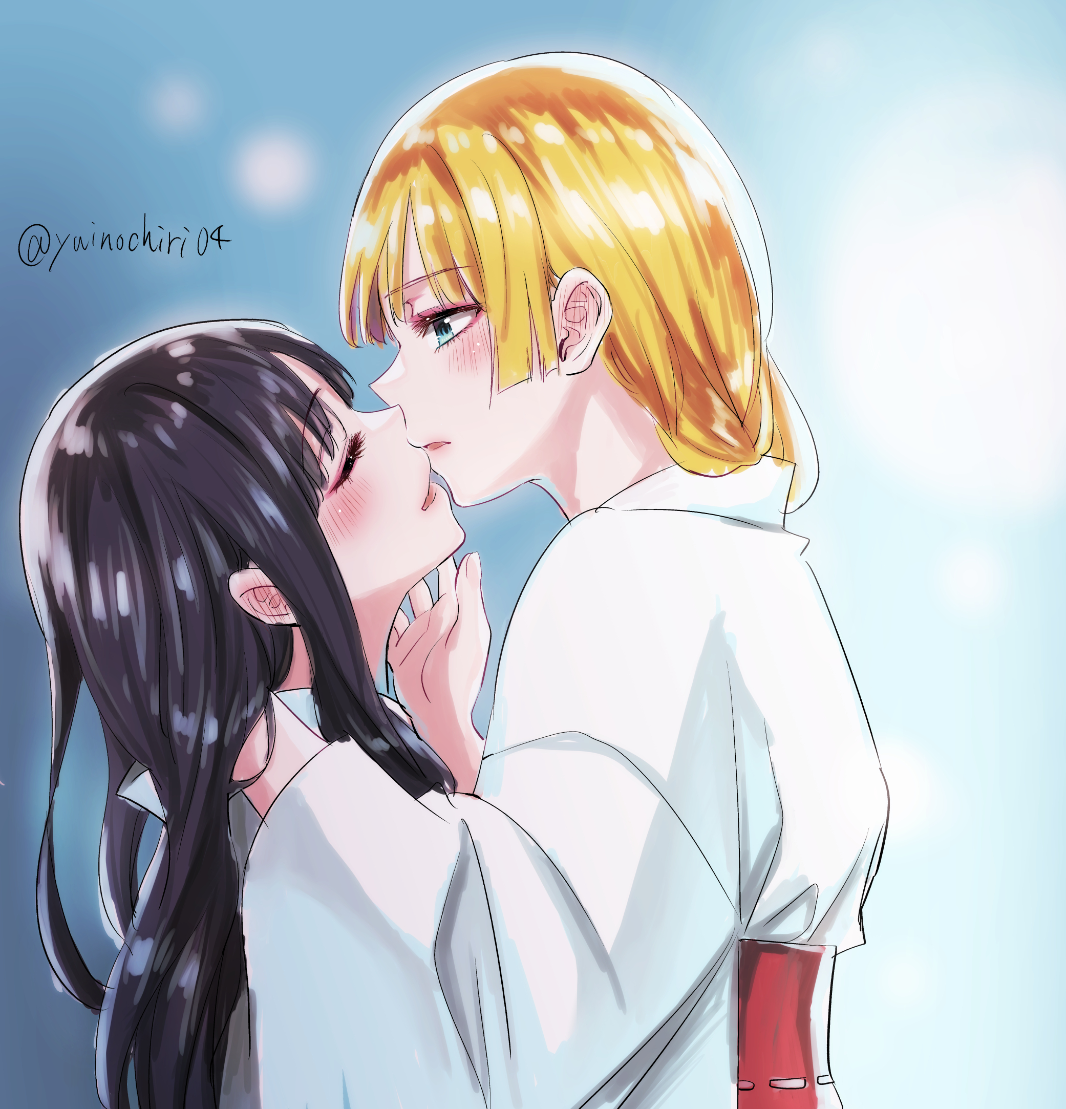 yuinochiri04, commentary, english commentary, highres, 2girls, aqua eyes, artist name, black hair, blonde hair, blunt sidelocks, blush, closed eyes, couple, ear blush, eyelashes, imminent kiss, japanese clothes, kimono, long hair, long sidelocks, multiple girls, obi, okiku-san wa ichatsukitai, okiku (yunochiri04), parted lips, ryouyou hijiri, sash, sidelocks, white kimono, yuri