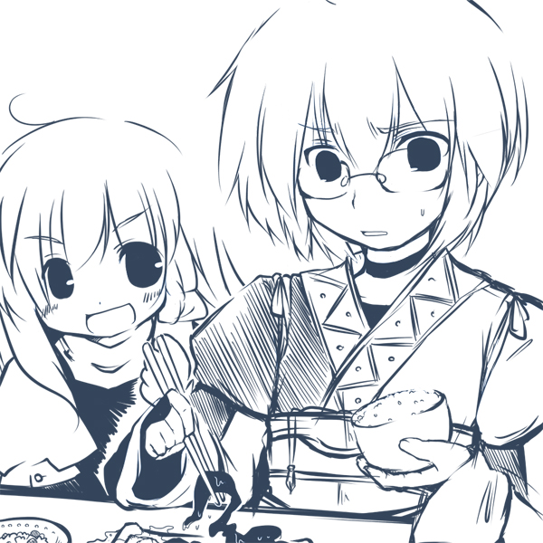 futami yayoi, kirisame marisa, morichika rinnosuke, curiosities of lotus asia, touhou, 1boy, 1girl, blue theme, blush, chopsticks, food, monochrome, rice, sweat