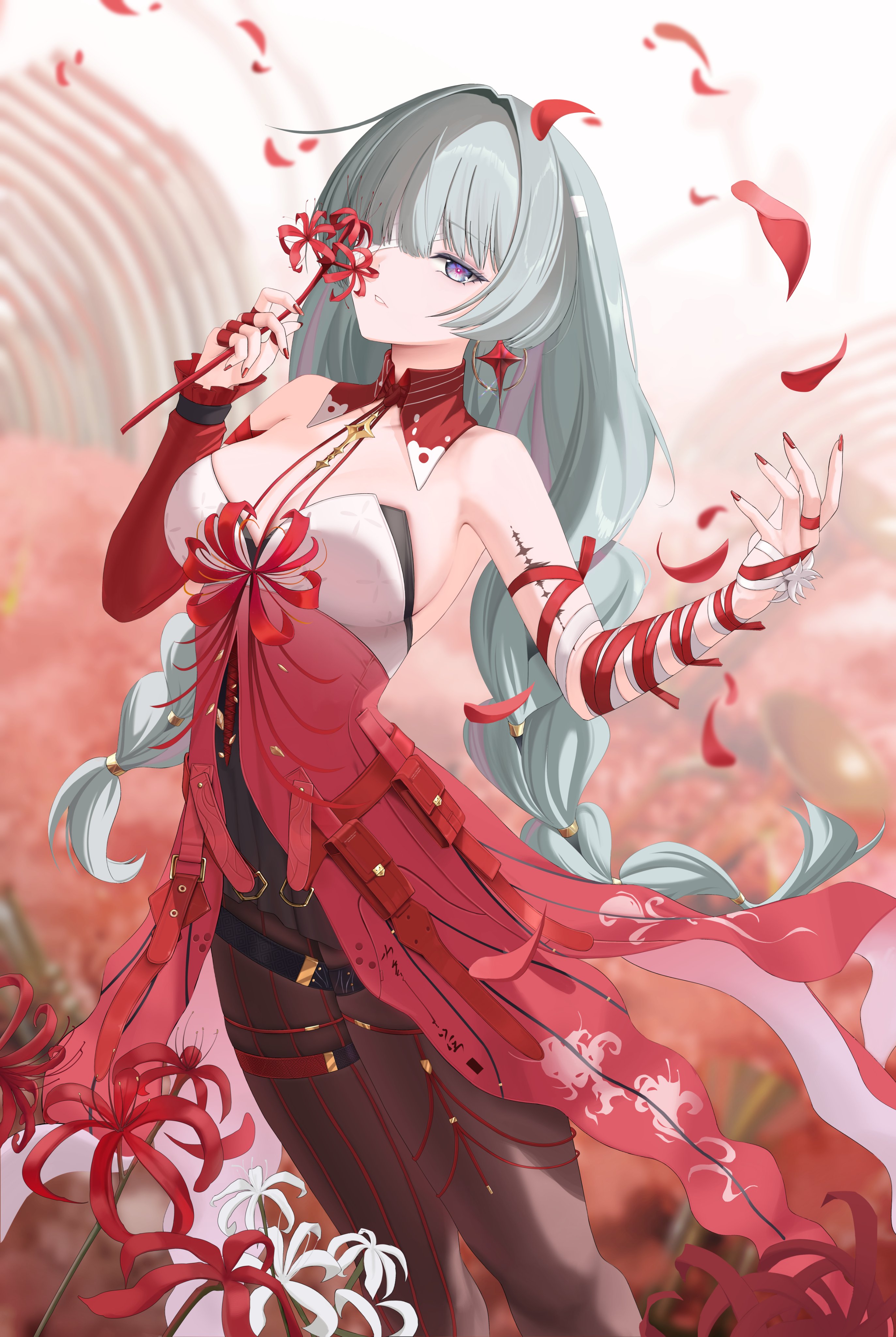 hing (pixiv 93969166), phrolova (wuthering waves), wuthering waves, absurdres, commentary, highres, 1girl, bandage over one eye, bandaged arm, bandages, bare shoulders, between breasts, black pantyhose, blurry, blurry background, breasts, cleavage, collarbone, depth of field, detached collar, detached sleeves, dress, earrings, falling petals, field, flower, flower field, grey eyes, grey hair, hair intakes, hand up, head tilt, holding, holding flower, jewelry, long hair, looking at viewer, medium breasts, pantyhose, parted lips, petals, pouch, red dress, single detached sleeve, solo, spider lily, star (symbol), star earrings, tacet mark (wuthering waves), thighs, very long hair