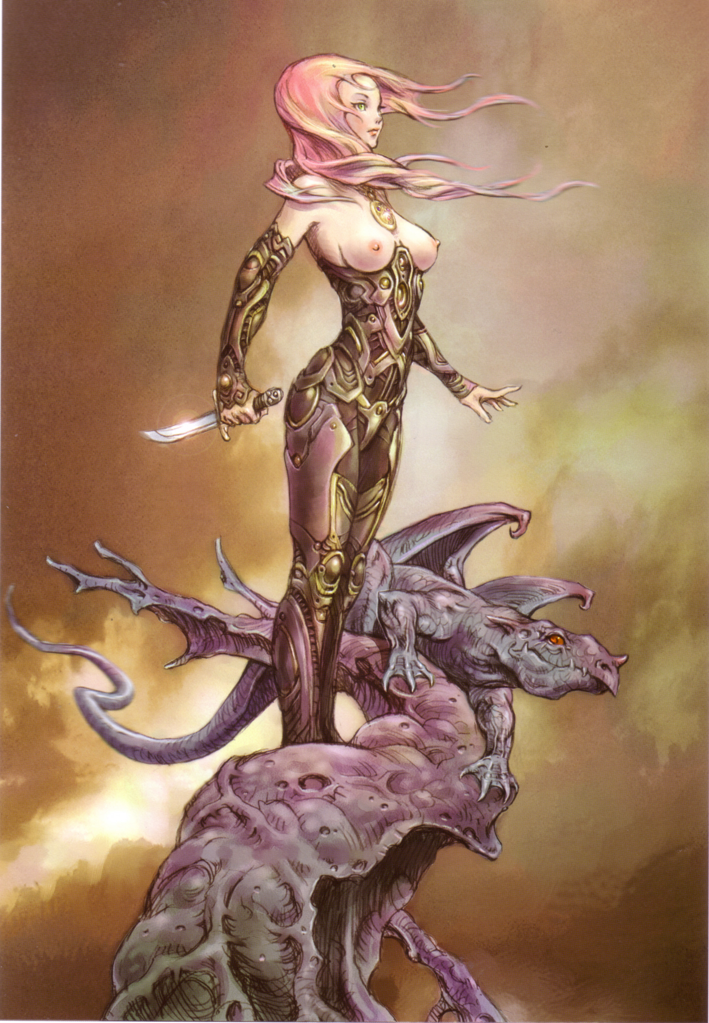 yamashita shun'ya, absurdres, highres, 1girl, armor, breastless clothes, breasts, cyberpunk, dragon, fantasy, female focus, hip focus, knife, long hair, makeup, nipples, pink hair, solo, weapon