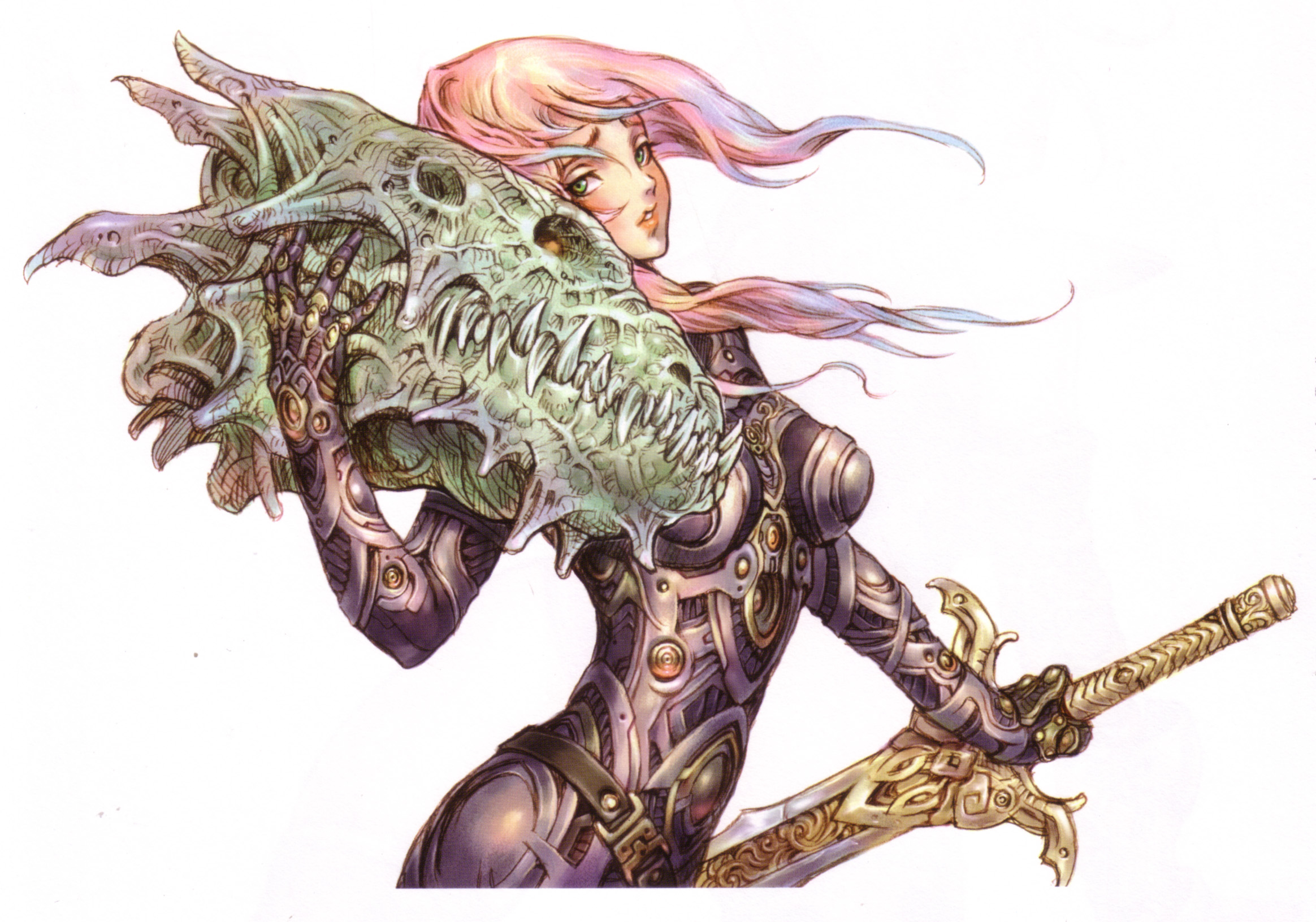 yamashita shun'ya, sweet dreams, highres, 1girl, armor, black bodysuit, bodysuit, cyberpunk, dragon, fantasy, female focus, green eyes, hip focus, long hair, makeup, pink hair, solo, sword, weapon