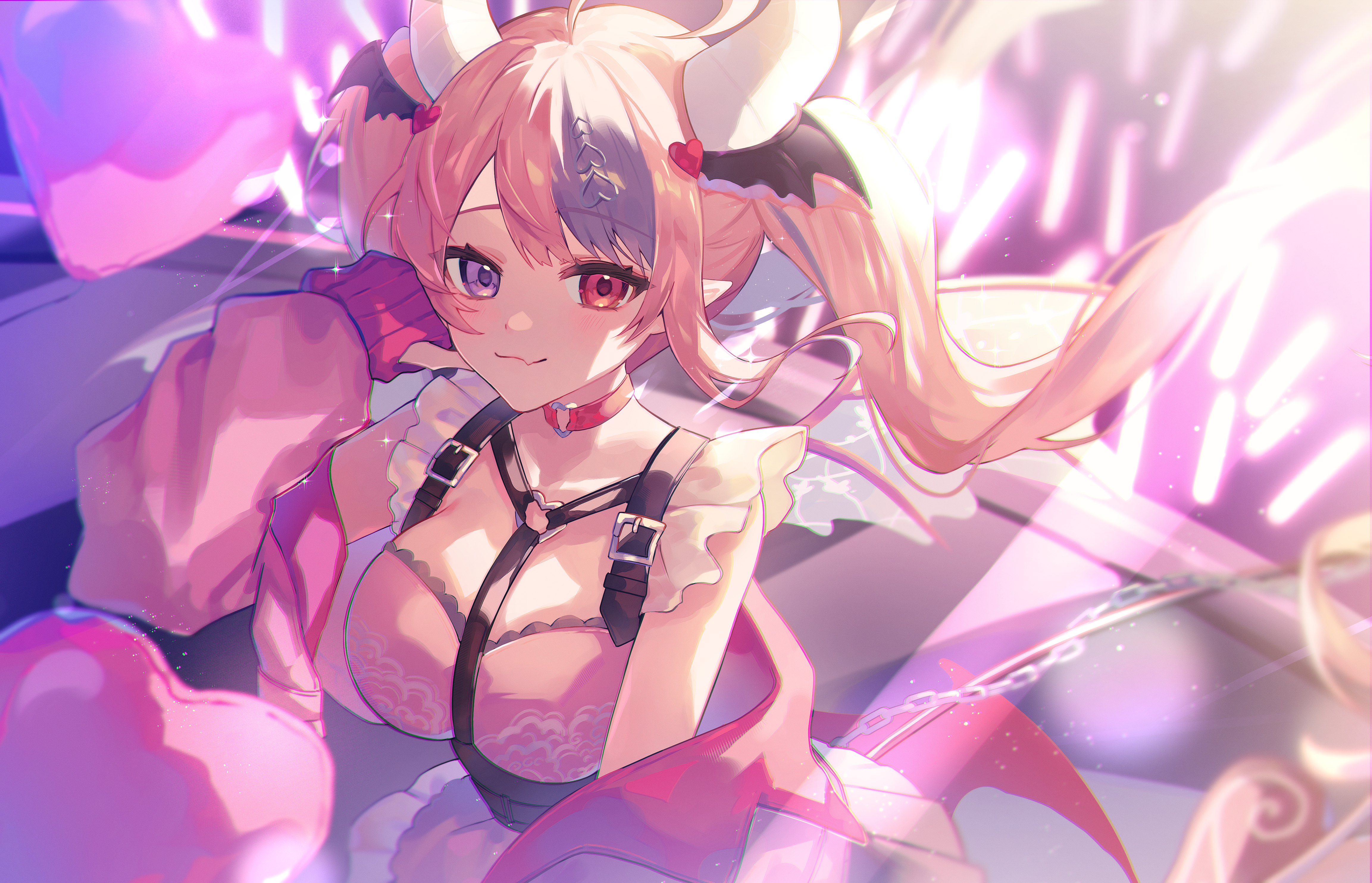 ohiru 0610, ironmouse, ironmouse (15th costume), indie virtual youtuber, absurdres, highres, 1girl, breasts, choker, closed mouth, demon girl, demon horns, demon wings, fang, head wings, heart, heart o-ring, heterochromia, horns, jacket, large breasts, long hair, looking at viewer, multicolored hair, multiple wings, o-ring, o-ring choker, pink choker, pink hair, pink jacket, pink shirt, purple hair, red eyes, shirt, skin fang, smile, solo, streaked hair, twintails, virtual youtuber, wings, yellow eyes