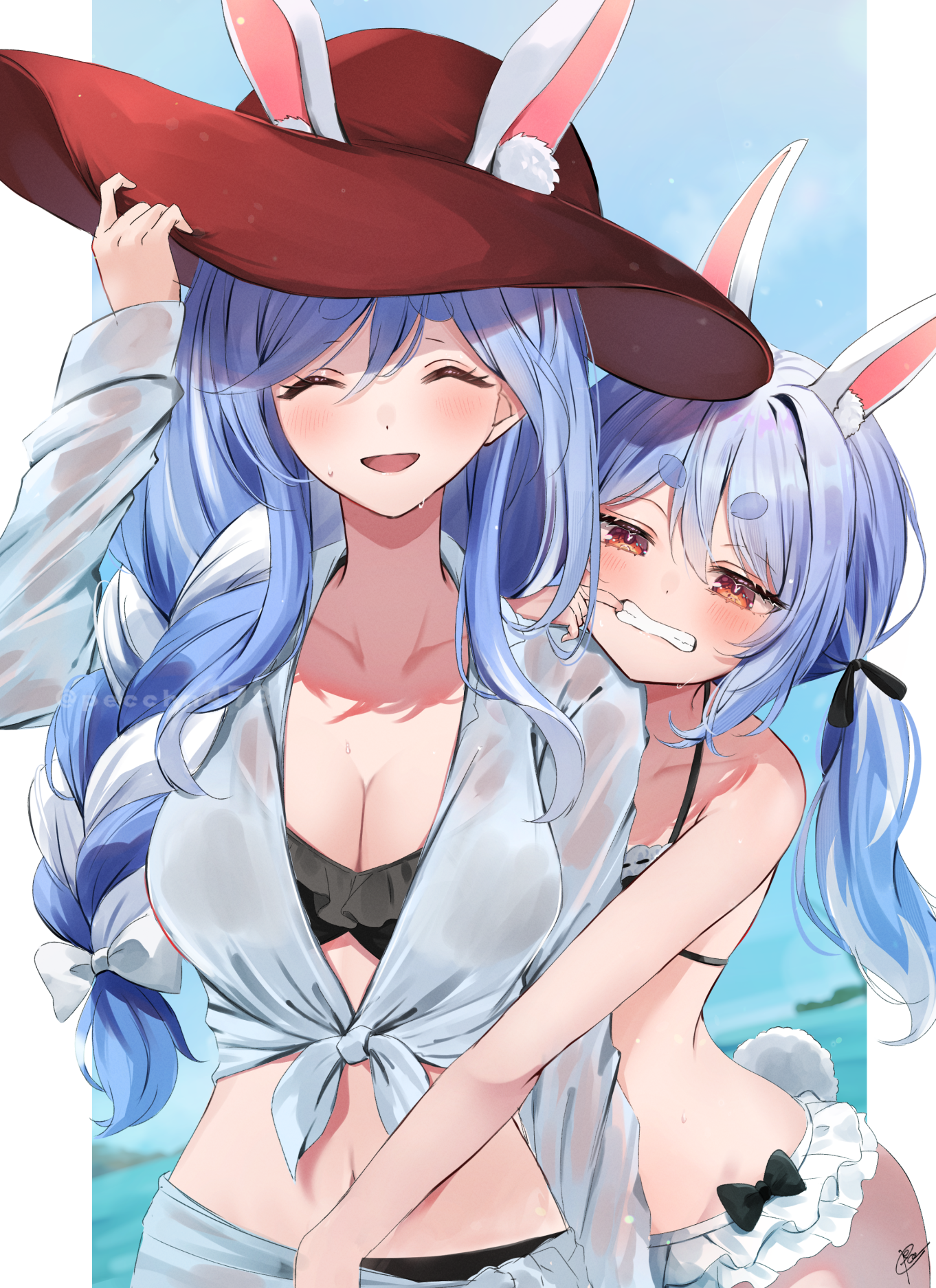 pecco (pecco297), pekomama, usada pekora, usada pekora (summer), hololive, highres, 2girls, alternate costume, animal ear fluff, animal ears, bikini, black bikini, black bow, blue hair, blush, bow, braid, braided ponytail, breasts, brown hat, cleavage, closed eyes, closed mouth, frilled bikini, frills, hair bow, hat, large breasts, looking at viewer, mature female, mother and daughter, multicolored hair, multiple girls, open mouth, rabbit-shaped pupils, rabbit ears, rabbit girl, shirt, short eyebrows, small breasts, smile, swimsuit, symbol-shaped pupils, tied shirt, twintails, two-tone hair, virtual youtuber, white bow, white hair, white shirt
