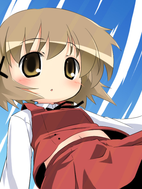 izuno kenta, yuno (hidamari sketch), hidamari sketch, 00s, 1girl, blush, brown eyes, brown hair, female focus, hair ornament, hairclip, long sleeves, looking at viewer, navel, open mouth, school uniform, short hair, skirt, solo, yamabuki high school uniform