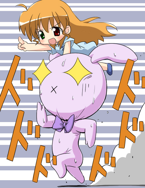 izuno kenta, vivio, lyrical nanoha, mahou shoujo lyrical nanoha, mahou shoujo lyrical nanoha strikers, + +, 00s, 1girl, :o, ahoge, blonde hair, bow, bowtie, creature, female focus, full body, green eyes, heterochromia, open mouth, pointing, pointing forward, purple bow, purple bowtie, rabbit, red eyes, running, smoke, solo, stuffed animal, stuffed rabbit, stuffed toy, x mouth
