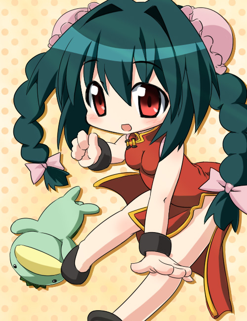 izuno kenta, mei mei (nagasarete airantou), toono (nagasarete airantou), nagasarete airantou, 00s, aqua hair, blush, bracelet, braid, bun cover, chibi, china dress, chinese clothes, double bun, dress, jewelry, kappa, legs, long hair, polka dot, red eyes, shoes, solo, twin braids