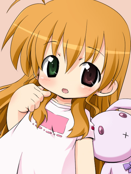 izuno kenta, vivio, lyrical nanoha, mahou shoujo lyrical nanoha, mahou shoujo lyrical nanoha strikers, 00s, 1girl, ahoge, blonde hair, female focus, heterochromia, solo, stuffed animal, stuffed rabbit, stuffed toy