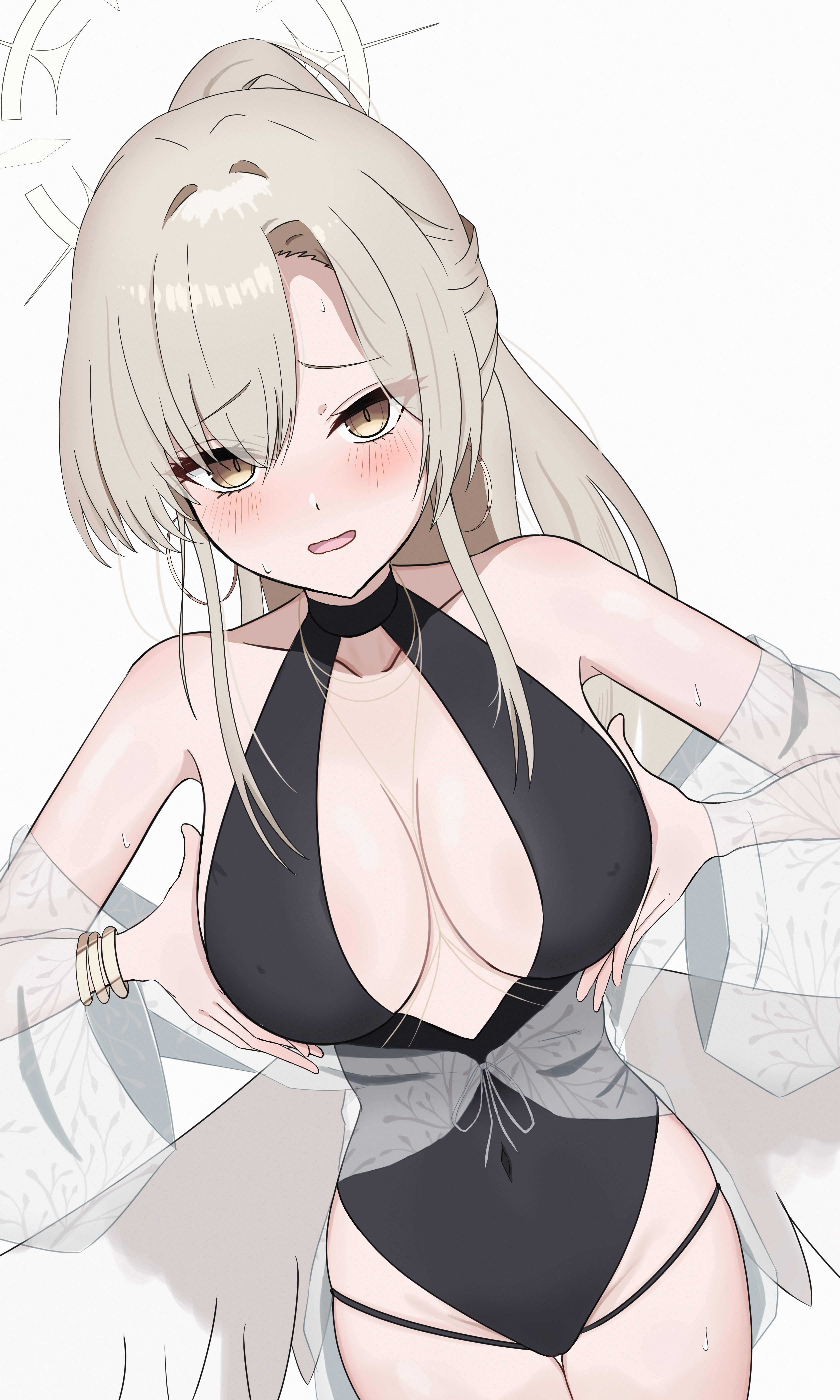 montsuko, nagisa (blue archive), nagisa (swimsuit) (blue archive), blue archive, absurdres, commentary, highres, 1girl, bare shoulders, black one-piece swimsuit, blush, bracelet, breasts, breasts squeezed together, brown eyes, brown hair, collarbone, covered erect nipples, covered navel, cowboy shot, dutch angle, eyelashes, eyes visible through hair, feathered wings, furrowed brow, grabbing own breast, hair between eyes, hair intakes, half updo, halo, hands up, jewelry, large breasts, long hair, low wings, nervous smile, official alternate costume, official alternate hairstyle, one-piece swimsuit, open mouth, plunging neckline, ponytail, sidelocks, smile, solo, sweat, swimsuit, thigh gap, tsurime, wavy mouth, white wings, wings, yellow halo