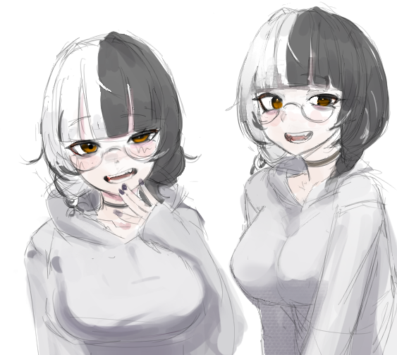 nynaceae, shiori novella, hololive, hololive english, 1girl, black choker, black hair, black nails, breasts, brown eyes, choker, glasses, grey hoodie, hood, hoodie, large breasts, multicolored hair, multiple views, open mouth, simple background, split-color hair, two-tone hair, virtual youtuber, white background, white hair