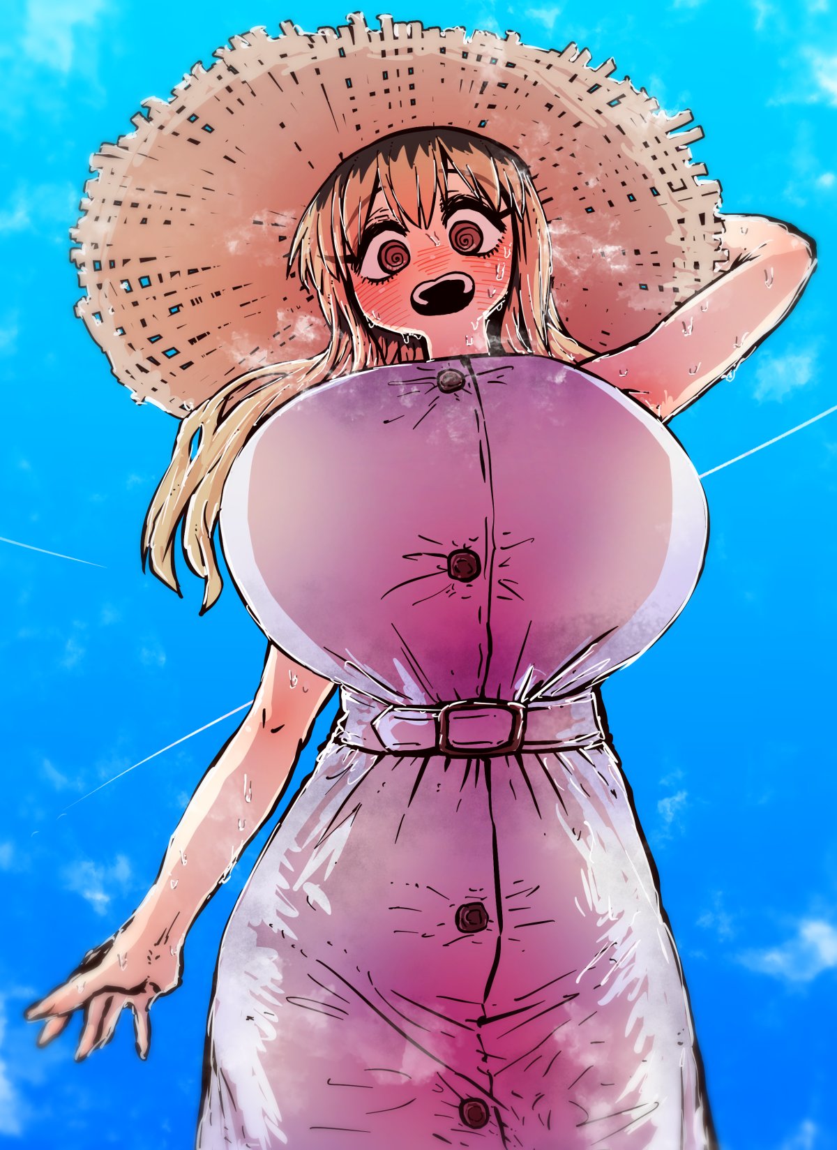 zyugoya, ochiai (kinjo no hito no nakimushi), kinjo no hito no nakimushi, highres, 1girl, @ @, black hair, blonde hair, blush, breasts, day, dress, hand on headwear, hat, huge breasts, large breasts, long hair, looking at viewer, multicolored hair, open mouth, outdoors, roots (hair), sky, smile, solo, straw hat, summer, sun hat, sundress, two-tone hair