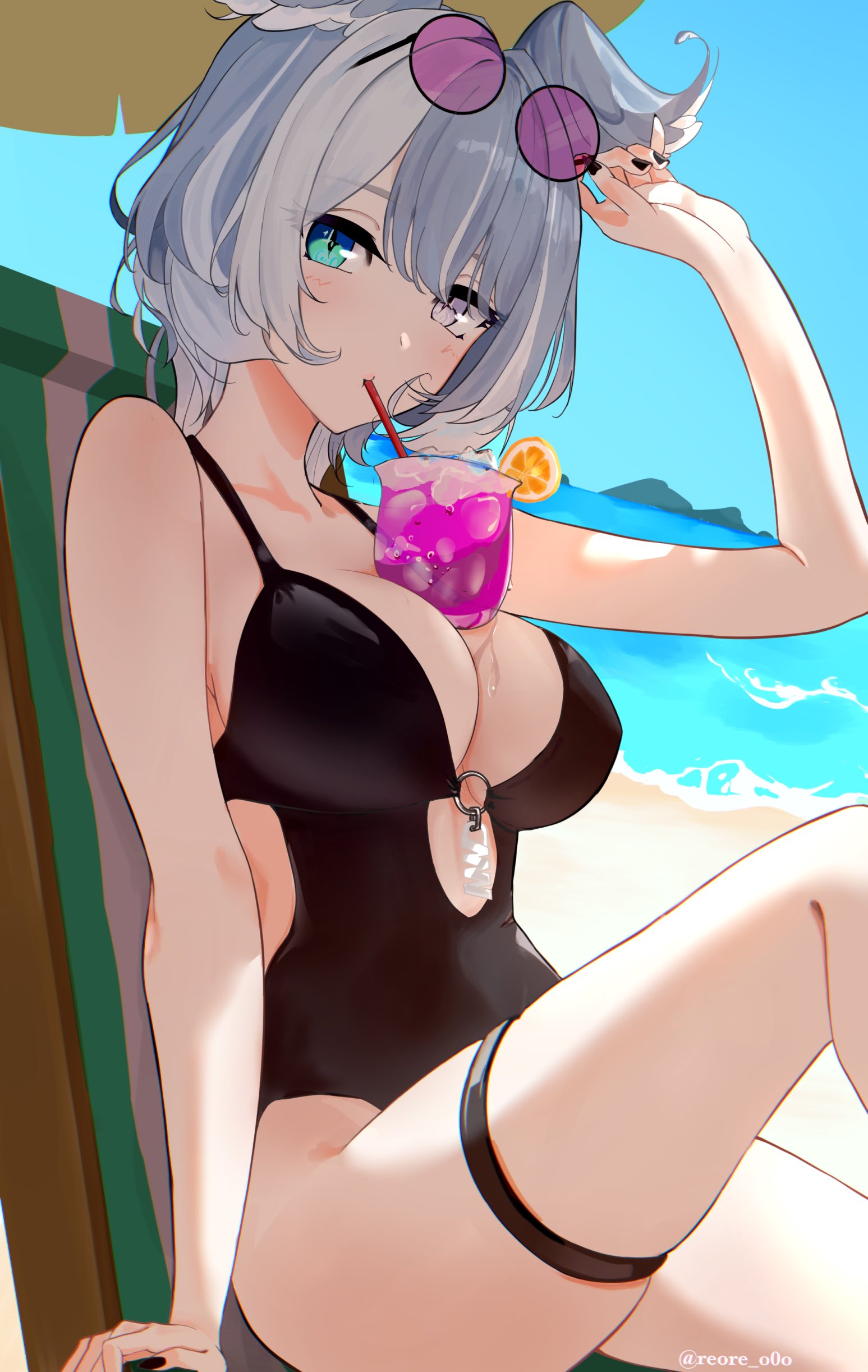 elira pendora, nijisanji, nijisanji en, absurdres, highres, 1girl, aqua eyes, beach, beach chair, between breasts, black nails, black one-piece swimsuit, blue hair, blue sky, blush, breasts, chair, cleavage, clothing cutout, cocktail, cross-shaped pupils, drinking, drinking straw, eyewear on head, heterochromia, large breasts, linea alba, looking at viewer, ocean, on chair, one-piece swimsuit, purple-tinted eyewear, purple eyes, reore o0o, side cutout, sitting, skindentation, sky, solo, sunglasses, swimsuit, symbol-shaped pupils, thigh strap, tinted eyewear, twitter username, virtual youtuber