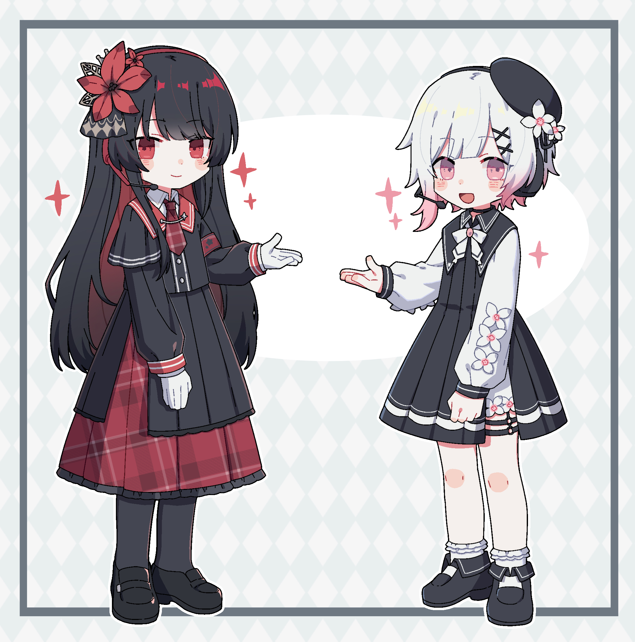 nikaidou hiro, sakuraba ema, mahou shoujo no majo saiban, artist request, chinese commentary, commentary request, highres, second-party source, 2girls, :d, argyle background, armband, beret, black capelet, black dress, black hair, black hat, black shoes, black skirt, capelet, dress, flower, full body, gloves, gradient hair, grey background, hair flower, hair ornament, hat, headset, layered skirt, loafers, long hair, long sleeves, looking at viewer, magical girl, multicolored hair, multiple girls, necktie, open mouth, pink eyes, plaid clothes, plaid skirt, pleated dress, pleated skirt, red armband, red eyes, red flower, red necktie, shoes, short hair, skirt, smile, socks, sparkle, standing, white flower, white gloves, white hair, white socks, x hair ornament