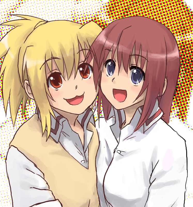 ikko, chiba kirino, kuwahara sayako, bamboo blade, eyebrows, 00s, 2girls, :3, blonde hair, blue eyes, brown hair, collared shirt, dress shirt, female focus, halftone, halftone background, long sleeves, looking at viewer, multiple girls, ponytail, red eyes, shirt, sweater vest, upper body, white background, white shirt
