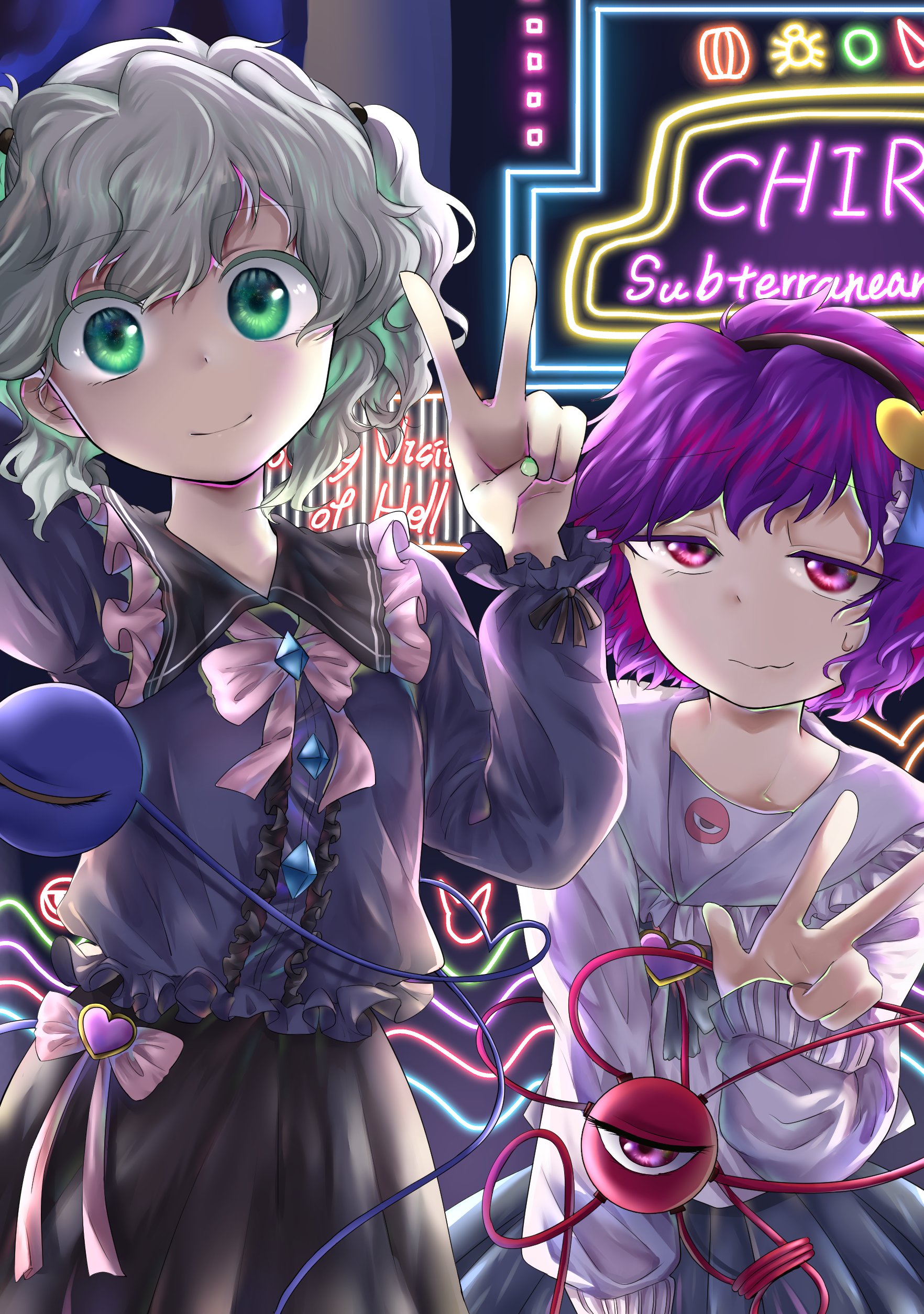 yukino mafuyu, komeiji koishi, komeiji satori, subterranean animism, touhou, absurdres, highres, 2girls, alternate costume, alternate hairstyle, black hairband, black skirt, blue shirt, bow, brooch, buttons, diamond button, frilled shirt, frills, green eyes, green hair, hairband, heart, heart brooch, jewelry, multiple girls, neon lights, pink eyes, pink hair, satokoi day, shirt, skirt, smile, v, white shirt