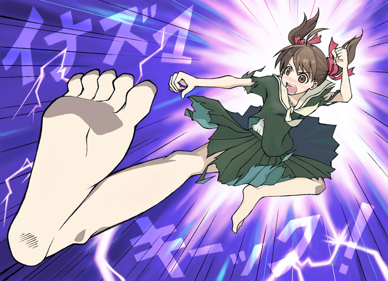fukuzawa yumi, maria-sama ga miteru, top wo nerae!, top wo nerae! (series), translated, 1girl, action, barefoot, brown eyes, brown hair, feet, female focus, inazuma kick, kicking, parody, pleated skirt, school uniform, serafuku, skirt, soles, solo, torn clothes, twintails