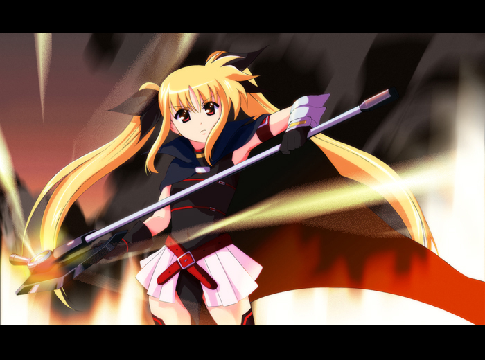 hayakawa harui, bardiche (assault form) (nanoha), bardiche (nanoha), fate testarossa, fate testarossa (lightning form), lyrical nanoha, mahou shoujo lyrical nanoha, 00s, 1girl, blonde hair, female focus, letterboxed, long hair, red eyes, solo, thighhighs, twintails