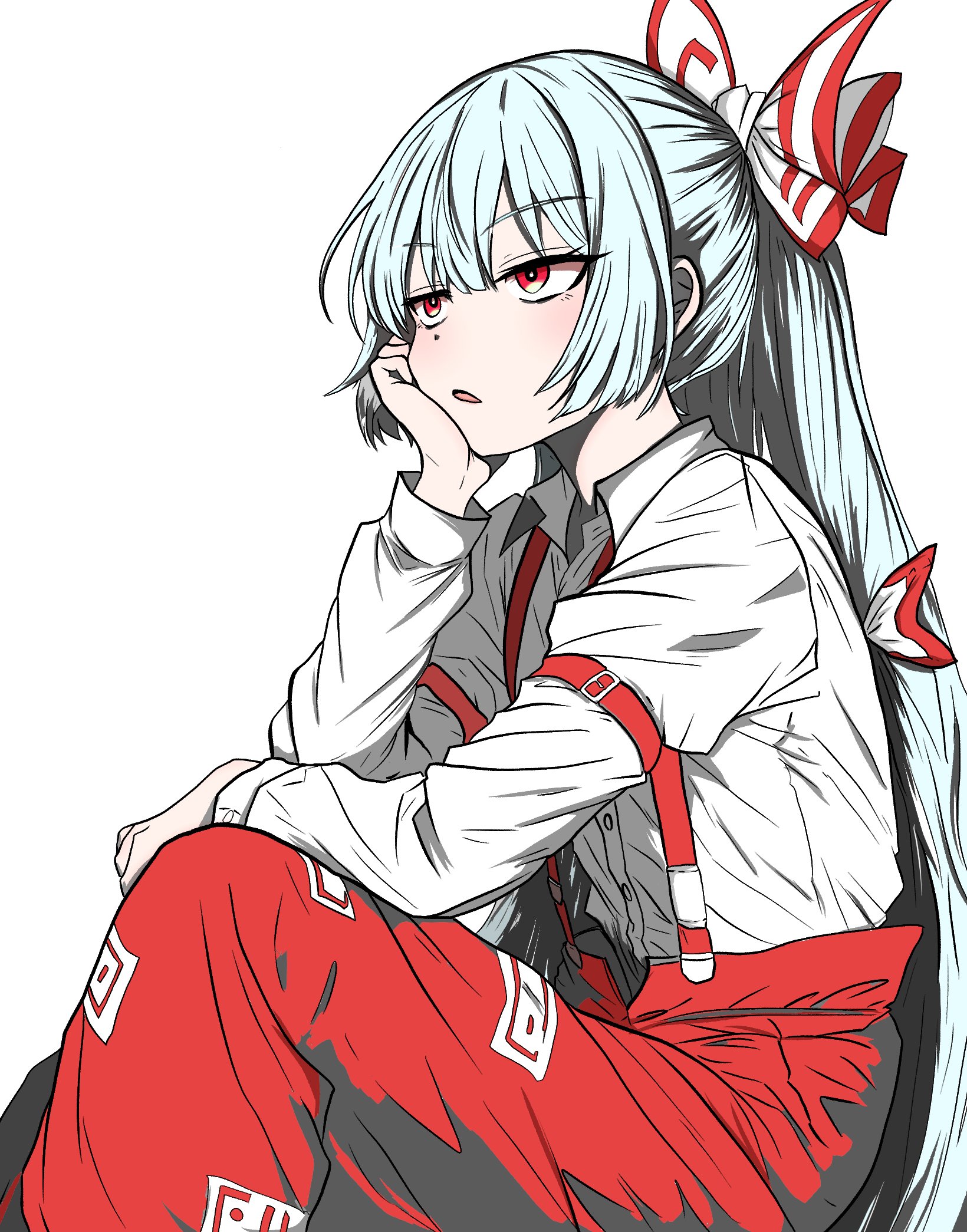 citronroll, fujiwara no mokou, touhou, highres, alternate hairstyle, arm belt, bow, buttons, collared shirt, grey hair, hair bow, hand up, head rest, light blush, long sleeves, open mouth, pants, ponytail, red eyes, red pants, shirt, simple background, sitting, suspender pants, white background, white shirt