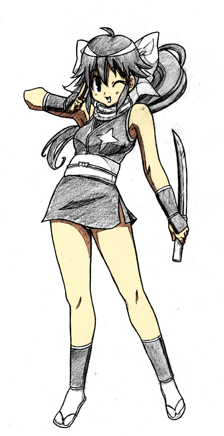 hayakawa harui, azumaya koyuki, keroro gunsou, white legwear, 1girl, ;d, bare shoulders, black dress, black hair, blush, dress, female focus, geta, holding, holding sword, holding weapon, looking at viewer, one eye closed, open mouth, ponytail, sandals, sash, simple background, sleeveless, smile, solo, standing, sword, tabi, unsheathed, weapon, white background, zouri