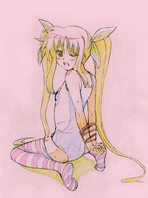 hayakawa harui, fate testarossa, lyrical nanoha, mahou shoujo lyrical nanoha, 00s, 1girl, arms behind back, bdsm, blonde hair, bondage, bound, bound wrists, color trace, female focus, looking back, one-piece swimsuit, one eye closed, production art, school swimsuit, sketch, solo, striped clothes, striped thighhighs, swimsuit, thighhighs, white one-piece swimsuit, white school swimsuit