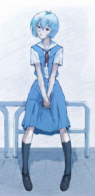 hayakawa harui, ayanami rei, neon genesis evangelion, blue hair, pale skin, red eyes, school uniform, serafuku, short hair, solo