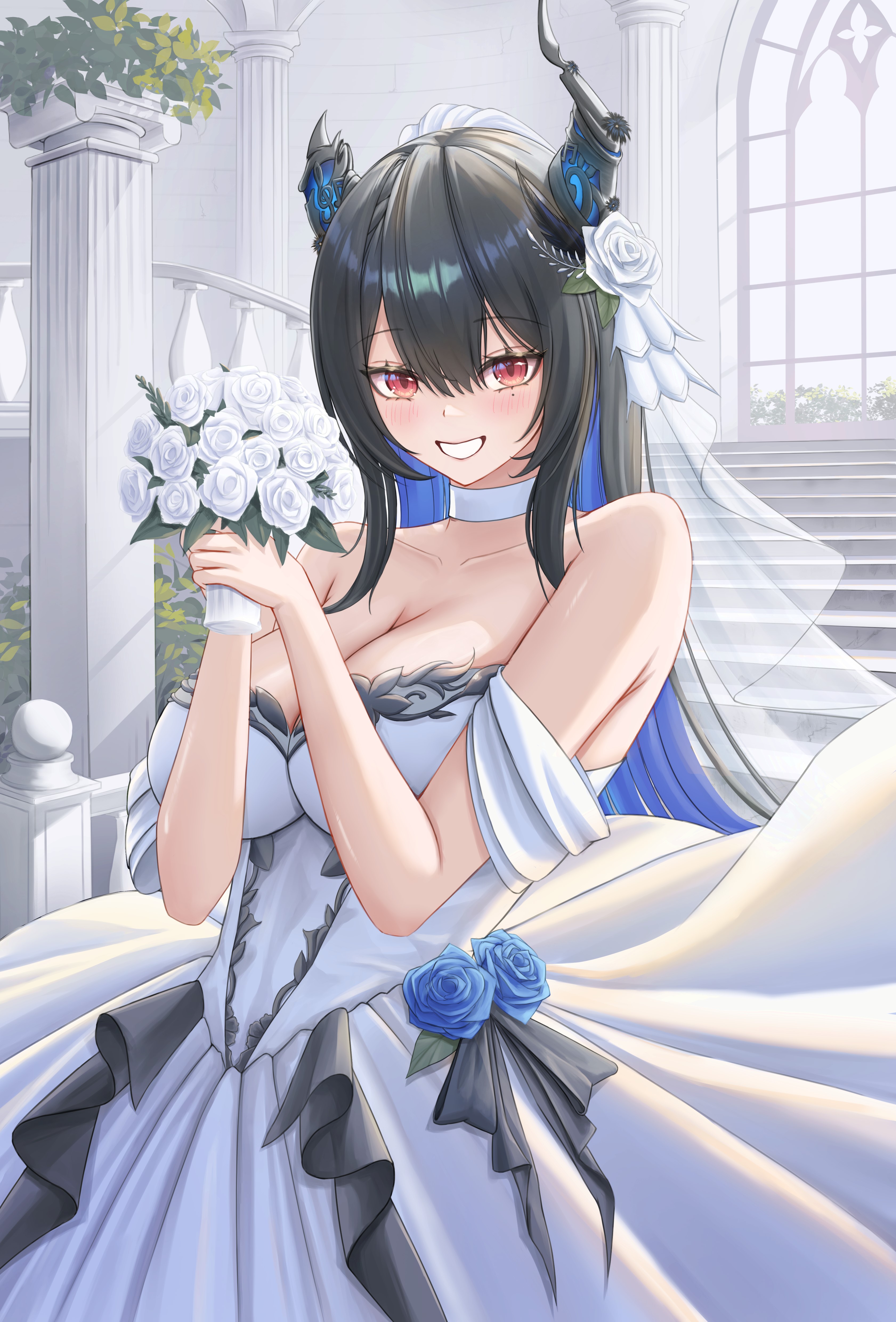 almonxtea, nerissa ravencroft, hololive, hololive english, absurdres, commentary, english commentary, highres, 1girl, alternate costume, asymmetrical horns, bare shoulders, black hair, black horns, blue hair, bouquet, breasts, cleavage, cowboy shot, dress, english text, flower, hair between eyes, holding, holding bouquet, horns, large breasts, mole, mole under eye, multicolored hair, purple eyes, smile, solo, speech bubble, two-tone hair, uneven horns, virtual youtuber, wedding dress, white dress
