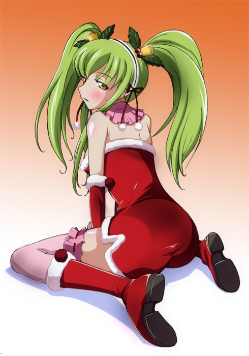 hayakawa harui, c.c., code geass, 00s, 1girl, ass, blush, christmas, female focus, frilled thighhighs, frills, green hair, lingerie, long hair, santa costume, solo, thighhighs, twintails, underwear, zettai ryouiki