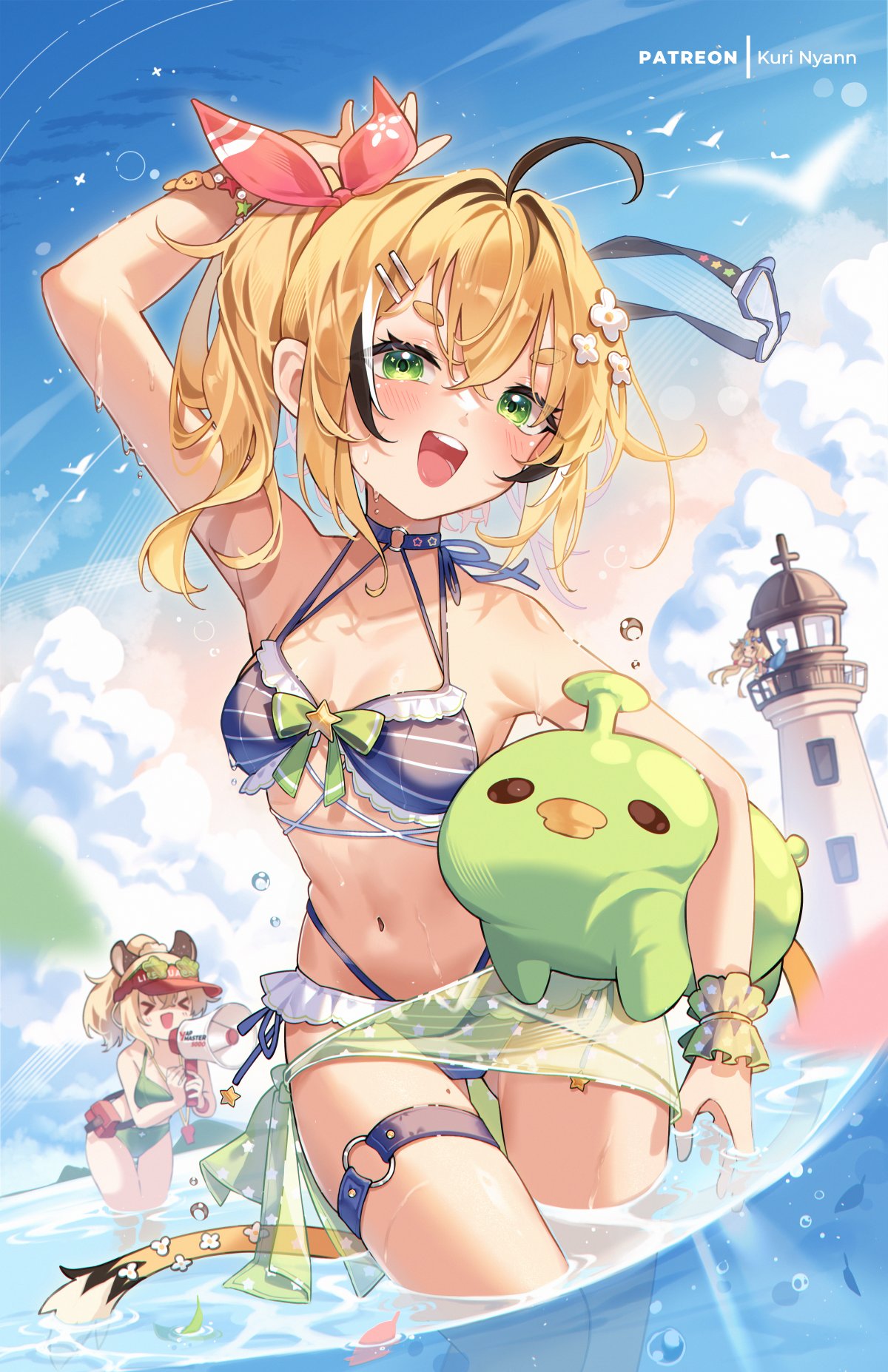 kuri (animejpholic), dooby (vtuber), kippu (dooby), nimi nightmare, nimi nightmare (lifeguard), sameko saba, indie virtual youtuber, commentary, english commentary, highres, > <, 3girls, :d, animal ears, arm up, armpits, bikini, black hair, blonde hair, blue bikini, breasts, cleavage, cloud, crossed bangs, day, dooby (summer) (vtuber), fins, fish girl, fish tail, flower, frilled bikini, frills, green bikini, green eyes, green sarong, hair between eyes, hair flower, hair ornament, hairclip, highleg, highleg bikini, holding, holding megaphone, looking at viewer, megaphone, mouse girl, mouse tail, multi-strapped bikini bottom, multi-strapped bikini top, multicolored hair, multiple girls, navel, o-ring, o-ring thigh strap, ocean, official alternate costume, official alternate hairstyle, one side up, open mouth, outdoors, parallel hairclips, pink ribbon, ribbon, sarong, short hair, small breasts, smile, solo focus, stomach, streaked hair, striped bikini, striped clothes, swimsuit, tail, tapir ears, tapir girl, teeth, thigh strap, upper teeth only, virtual youtuber, wading