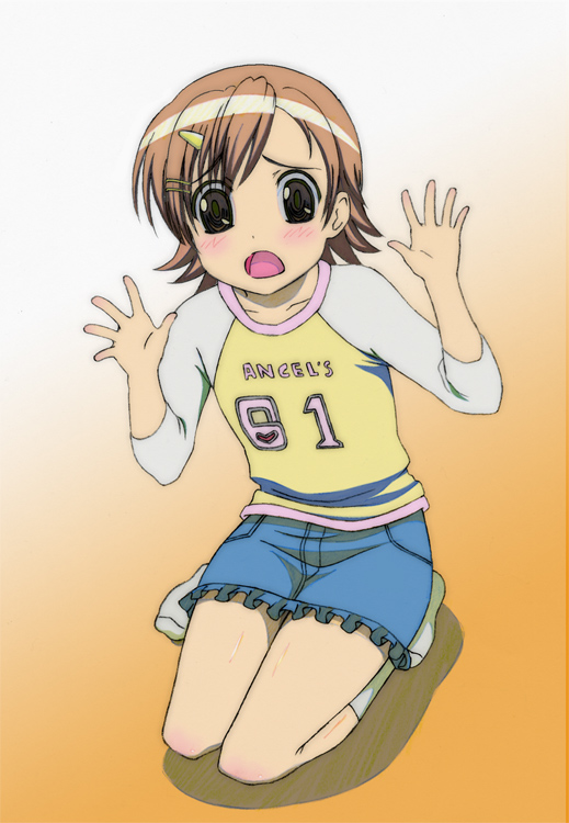 hayakawa harui, mako-chan (minami-ke), makoto (minami-ke), minami-ke, 00s, 1boy, blush, brown eyes, brown hair, crossdressing, crossdressing (mtf), male focus, pencil skirt, raglan sleeves, short hair, skirt, socks, solo, trap