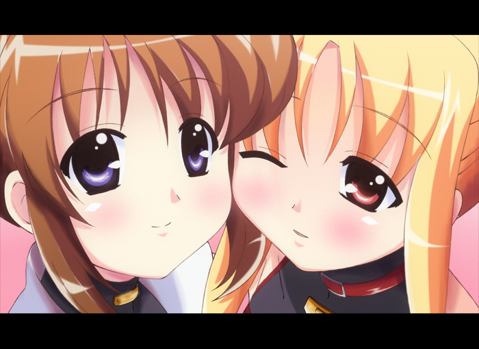 hayakawa harui, fate testarossa, takamachi nanoha, lyrical nanoha, mahou shoujo lyrical nanoha, 00s, 2girls, blush, close-up, letterboxed, multiple girls, one eye closed