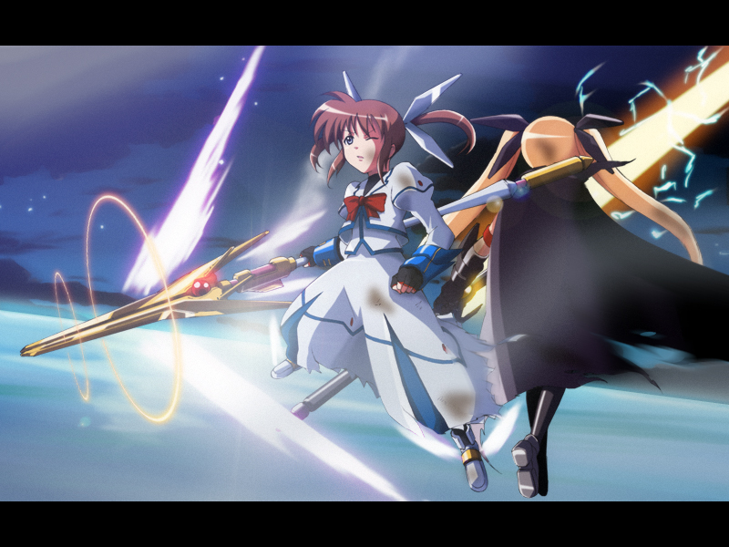 hayakawa harui, bardiche (nanoha), bardiche (zanber form) (nanoha), fate testarossa, fate testarossa (lightning form), raising heart, raising heart (exelion mode), takamachi nanoha, takamachi nanoha (sacred mode), lyrical nanoha, mahou shoujo lyrical nanoha, mahou shoujo lyrical nanoha a's, winged footwear, 00s, 2girls, arm belt, battle, blonde hair, bow, burnt clothes, cape, electricity, energy sword, energy wings, fingerless gloves, flying, gloves, letterboxed, magazine (weapon), magical girl, multiple girls, one eye closed, red bow, red hair, shoes, sword, thighhighs, torn clothes, twintails, weapon, wince, wings