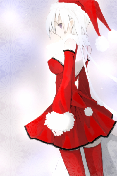 saibashi, original, 1girl, christmas, female focus, santa costume, short hair, solo, thighhighs, white hair, zettai ryouiki