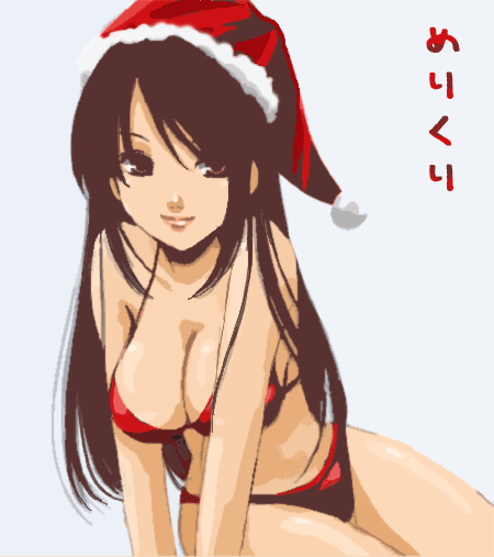 sinko (sinsin), original, 1girl, bikini, black hair, breasts, brown eyes, christmas, cleavage, female focus, hat, large breasts, light smile, long hair, santa bikini, santa costume, santa hat, solo, swimsuit