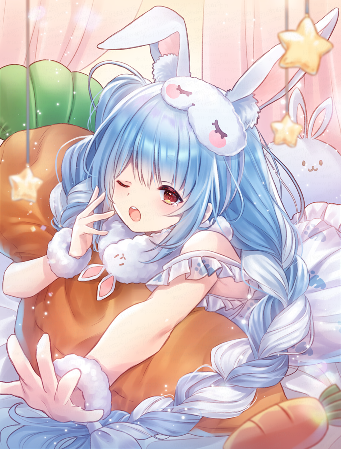 hobak, don-chan (usada pekora), usada pekora, hololive, 1girl, animal ears, blue hair, blush, braid, dress, looking at viewer, mask, mask on head, multicolored hair, one eye closed, orange eyes, rabbit ears, rabbit girl, sleep mask, solo, twin braids, two-tone hair, virtual youtuber, white dress, white hair
