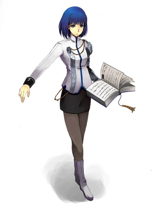 pos (shiratama-ya), original, 1girl, blue hair, book, female focus, green eyes, miniskirt, pantyhose, pencil skirt, short hair, skirt, solo