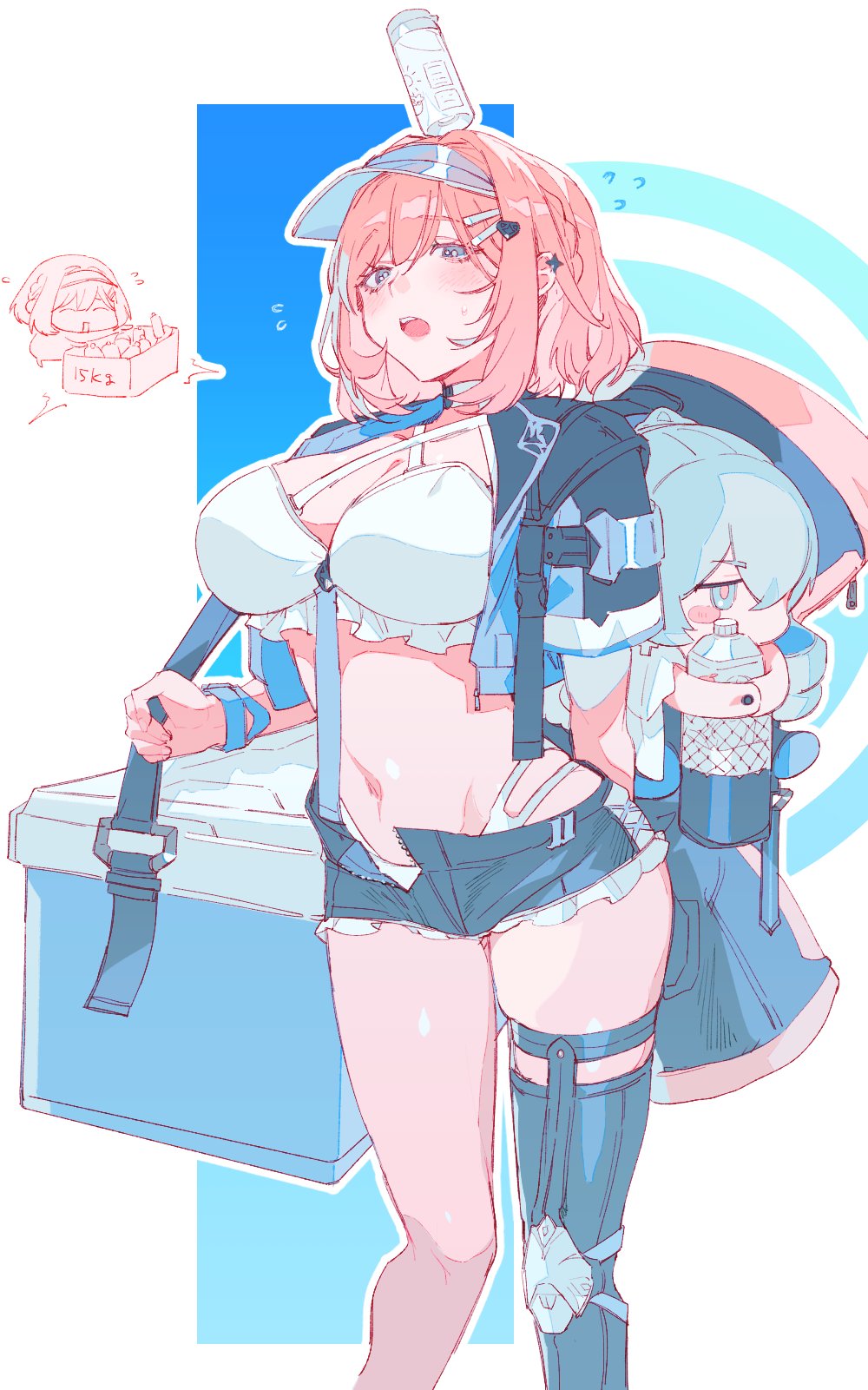 pokashi, bronya zaychik, bronya zaychik (silverwing: n-ex), timido cute, honkai (series), honkai impact 3rd, highres, 1girl, bikini, blue eyes, blue hair, blue jacket, blue shorts, blush, blush stickers, bob cut, bottle, breasts, chibi, cleavage, cooler, cropped jacket, cup, drinking straw, flying sweatdrops, frilled bikini, frills, grey eyes, grey hair, hair ornament, hairclip, hat, holding, jacket, large breasts, looking at viewer, multiple girls, navel, official alternate costume, open clothes, open fly, open jacket, open mouth, pink hair, short hair, short shorts, short sleeves, shorts, single thighhigh, standing, stomach, swimsuit, thighhighs, thighs, visor cap, water bottle, white bikini