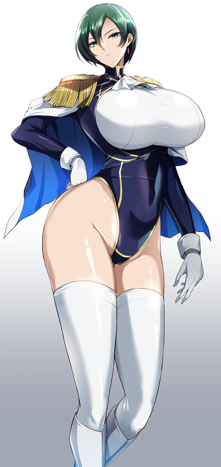 kumakichi (cost-lost), original, highres, 1girl, ascot, breasts, capelet, earrings, epaulettes, gloves, green hair, hand on own hip, heattech leotard, highleg, highleg leotard, huge breasts, jewelry, leotard, long sleeves, short hair, thighhighs, turtleneck, white ascot, white gloves, white thighhighs