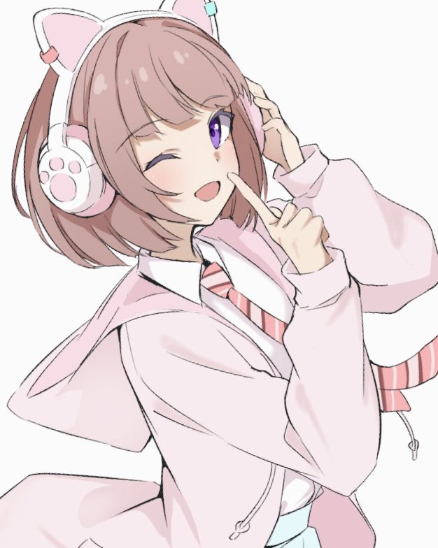 tomoe (tomoe 200), sasaki shion, ikizulive! love live! bluebird, love live!, commentary, hashtag-only commentary, 1girl, ;d, adjusting headphones, animal ear headphones, animal ears, blue skirt, brown hair, cat ear headphones, collared shirt, diagonal-striped clothes, diagonal-striped necktie, dress shirt, fake animal ears, finger to mouth, headphones, hood, hooded jacket, index finger raised, jacket, long sleeves, looking at viewer, necktie, one eye closed, open clothes, open jacket, open mouth, pink jacket, pink necktie, purple eyes, school uniform, shirt, short hair, shushing, simple background, skirt, smile, solo, striped clothes, white background, white shirt