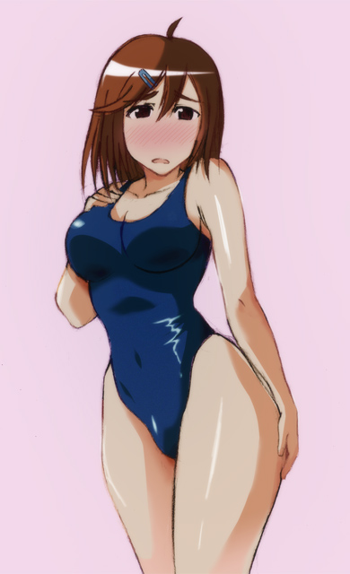 hayakawa harui, shizuoka mirei, kenkou zenrakei suieibu umishou, hand on thigh, 1girl, blush, curvy, female focus, highleg, highleg one-piece swimsuit, hip focus, one-piece swimsuit, solo, swimsuit, wide hips