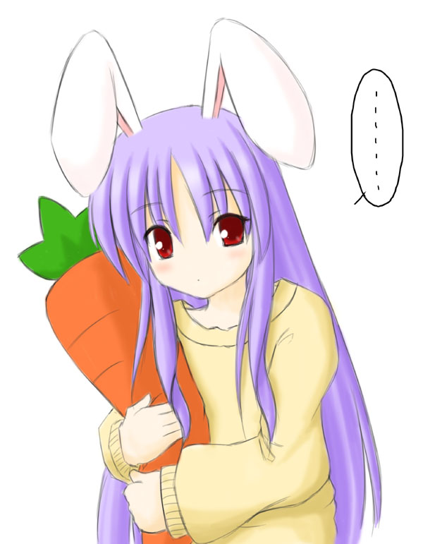 harunatsu akito, reisen udongein inaba, touhou, 1girl, animal ears, carrot, female focus, plant, rabbit ears, simple background, solo, sweater, upper body, white background