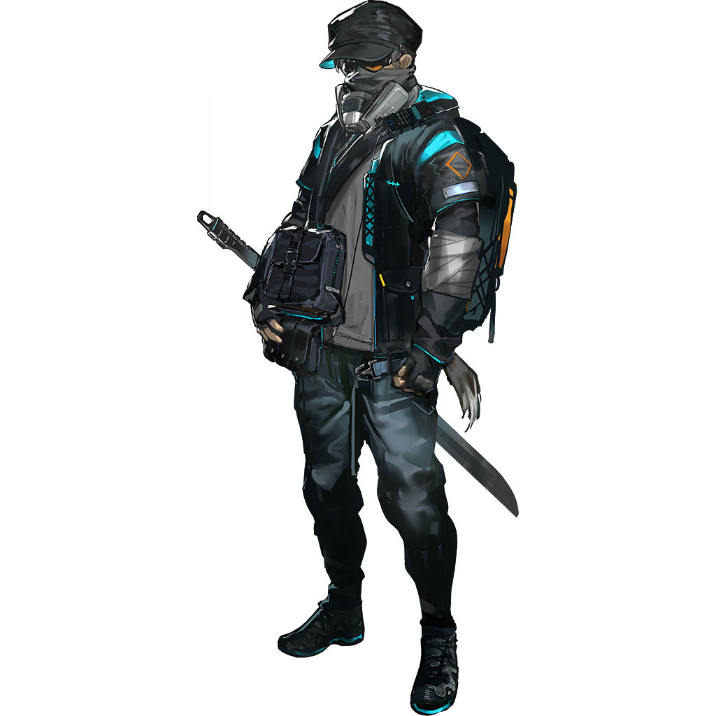 arknights, official art, third-party source, 1boy, backpack, bag, bandana, bandana over mouth, black gloves, black jacket, black shoes, blue pants, covered face, denim, faceless, faceless male, field cap, fingerless gloves, full body, gloves, goggles, grey shirt, hat, jacket, jeans, long sleeves, male focus, mask, pants, respirator, rhodes island field cap guard operator (arknights), rhodes island logo (arknights), rhodes island uniform, shirt, shoes, shoulder bag, simple background, solo, standing, sword, tachi-e, tactical clothes, tail, transparent background, walkie-talkie, weapon