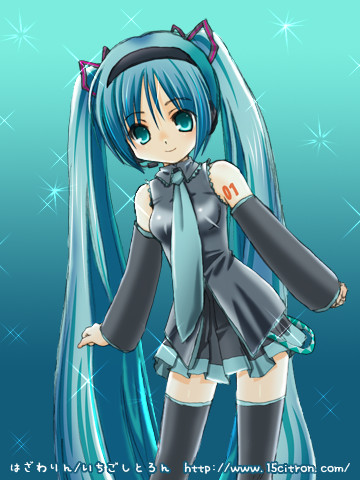 15citron, hatsune miku, vocaloid, lowres, 1girl, aqua hair, female focus, long hair, solo, thighhighs, twintails, very long hair