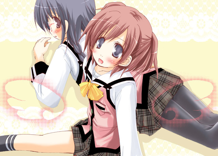 minadori naya, original, black legwear, 2girls, multiple girls, pantyhose, plaid clothes, plaid skirt, school uniform, serafuku, skirt