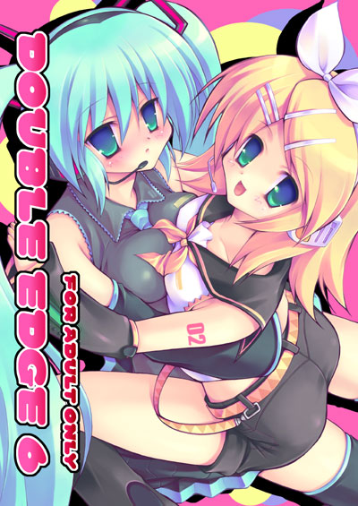 loo, tsuruma megumi, hatsune miku, kagamine rin, vocaloid, 2girls, :d, aqua hair, asymmetrical docking, blonde hair, blue eyes, breast press, breasts, hair ornament, hair ribbon, hairclip, headgear, headset, hug, long hair, multiple girls, open mouth, ribbon, sailor collar, school uniform, serafuku, short hair, small breasts, smile, swept bangs, tattoo, thighhighs, twintails, very long hair