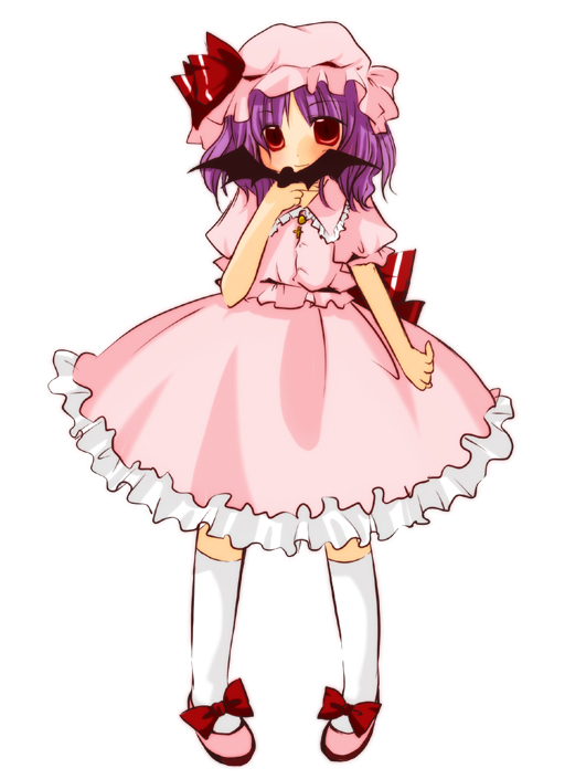 futami yayoi, remilia scarlet, touhou, 1girl, bat (animal), bow, collared shirt, dress, female focus, footwear bow, frilled shirt collar, frills, hat, hat ribbon, mob cap, pink dress, pink hat, pink shirt, pink skirt, purple hair, red eyes, red ribbon, ribbon, shirt, shoes, short hair, skirt, skirt set, solo, white background