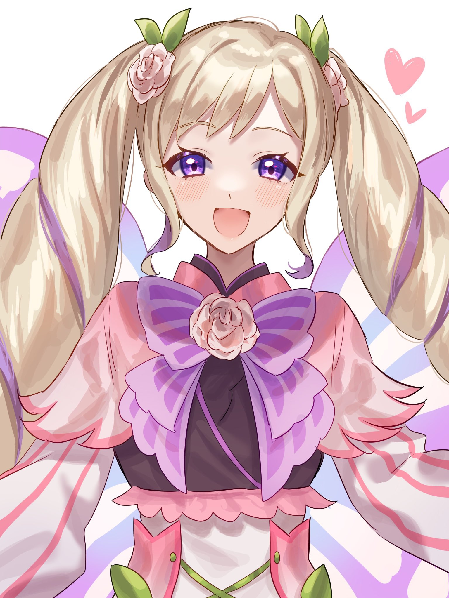 tomo shirasu, elise (fire emblem), elise (resplendent) (fire emblem), fire emblem, fire emblem fates, fire emblem heroes, nintendo, highres, 1girl, blonde hair, butterfly wings, dress flower, drill hair, earrings, fairy wings, flower, gradient clothes, hair flower, hair ornament, insect wings, jewelry, long hair, looking at viewer, multicolored hair, neck flower, official alternate costume, open mouth, purple hair, rose, smile, solo, twin drills, two-tone hair, white flower, white rose, wing cape, wings