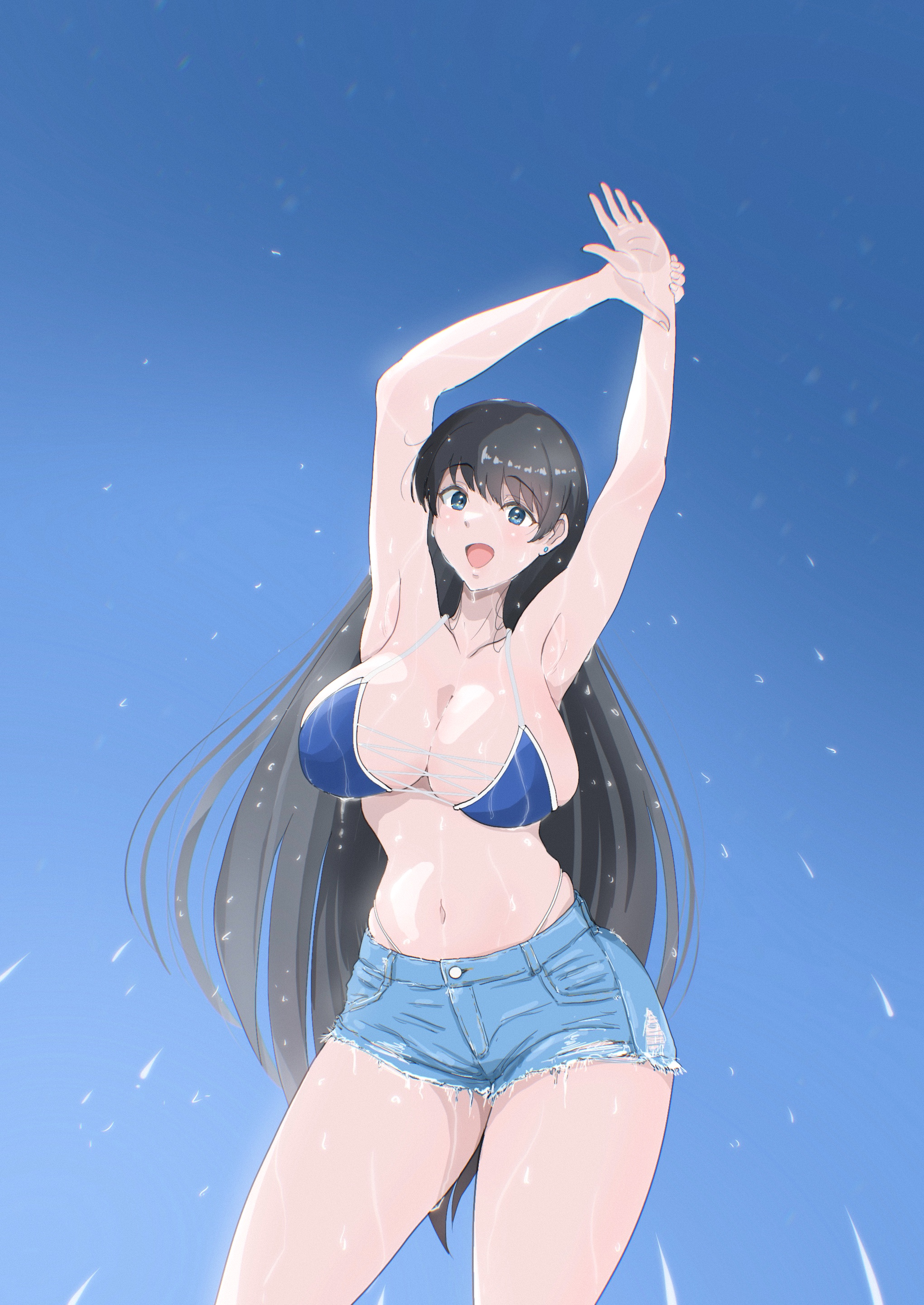 osage gankyou, arato nagi, ruri no houseki, absurdres, commentary request, highres, 1girl, armpits, arms up, bikini, bikini under shorts, black hair, blue bikini, blue eyes, blue sky, breasts, cleavage, collarbone, curvy, denim, denim shorts, large breasts, long hair, looking at viewer, navel, outdoors, presenting armpit, short shorts, shorts, simple background, sky, smile, solo, standing, swimsuit, thighs, very long hair