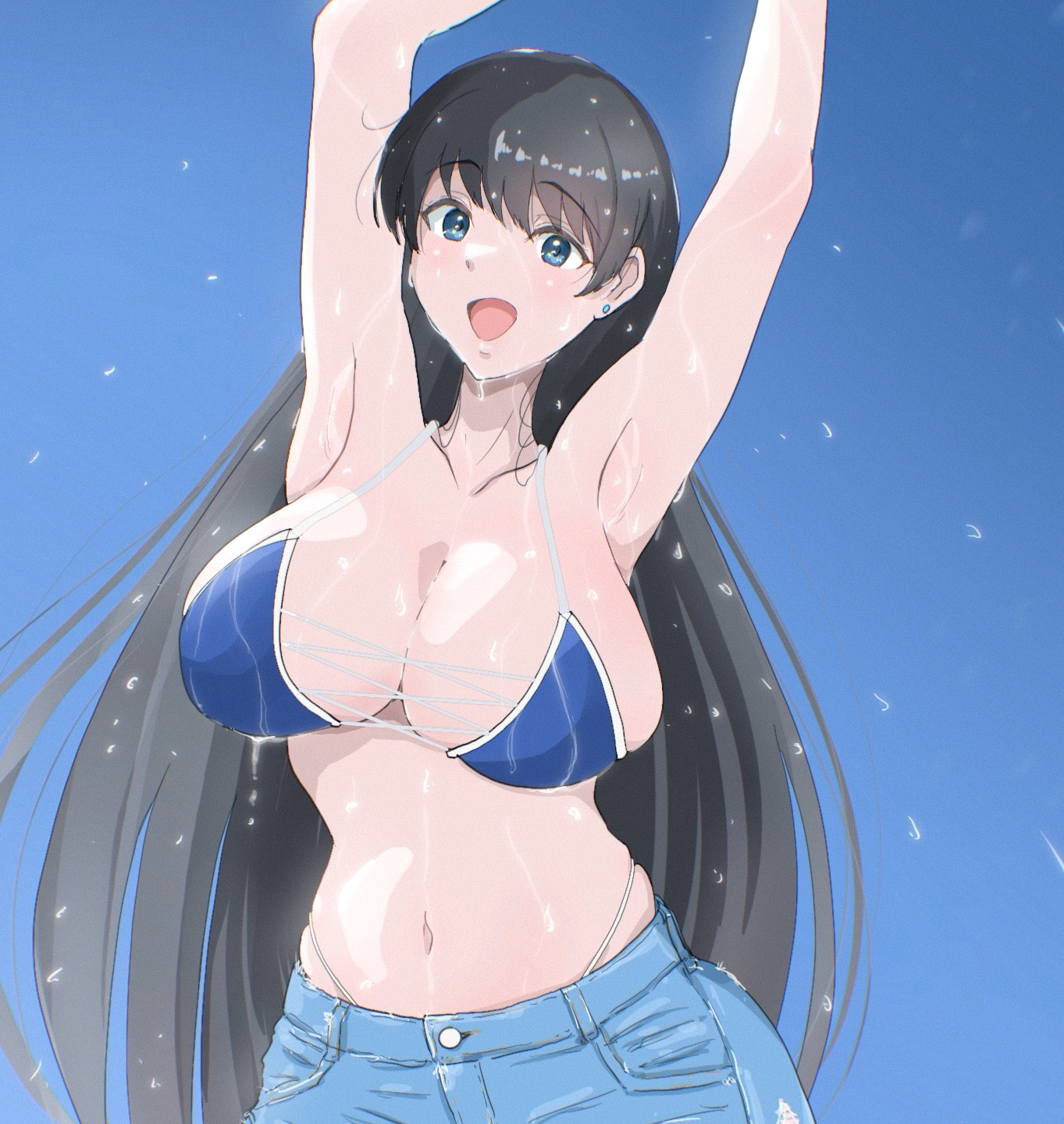 osage gankyou, arato nagi, ruri no houseki, commentary request, cropped, highres, 1girl, armpits, arms up, bikini, bikini under shorts, black hair, blue bikini, blue eyes, blue sky, breasts, cleavage, collarbone, curvy, denim, denim shorts, large breasts, long hair, looking at viewer, navel, outdoors, presenting armpit, short shorts, shorts, simple background, sky, smile, solo, standing, swimsuit, thighs, very long hair