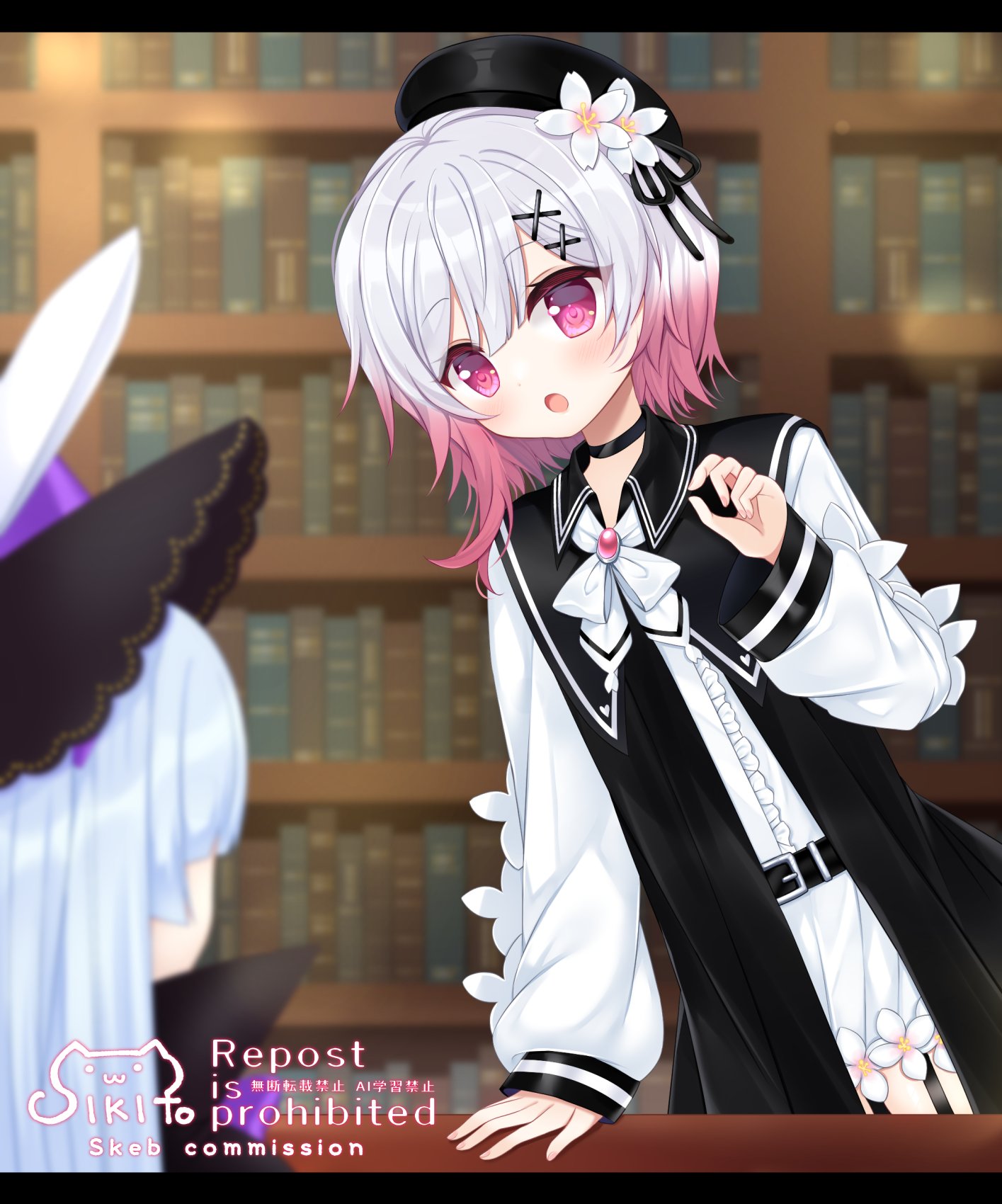 shikito (yawa0w0), sakuraba ema, mahou shoujo no majo saiban, original, commentary request, commission, highres, skeb commission, :o, arm support, beret, black choker, black dress, black hat, black ribbon, blue hair, blurry, blurry background, bookshelf, brooch, center frills, choker, doll, dress, flower, frills, gradient hair, hair flower, hair ornament, hand up, hat, hat flower, jewelry, letterboxed, long sleeves, looking at viewer, magical girl, multicolored hair, neck ribbon, open mouth, pink eyes, pink hair, ribbon, shirt, short hair, signature, standing, table, white flower, white hair, white ribbon, white shirt, x hair ornament